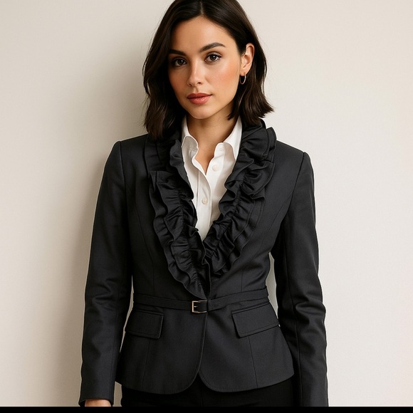 Anne Klein Black Blazer Ruffle 12 Career Office Business Victorian Steampunk - Picture 1 of 10